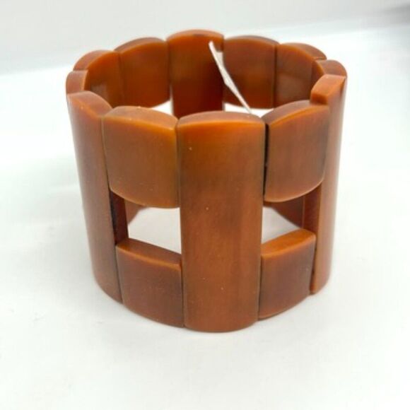 VINTAGE RUST BROWN GEOMETRIC STRETCH BANGLE MODERNIST PLASTIC BAKELITE LOOK - Picture 6 of 10